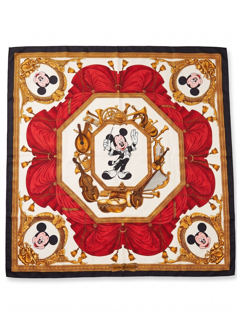 Walt Disney Mickey Mouse Conductor 100% Silk Scarf Red Gold Japan